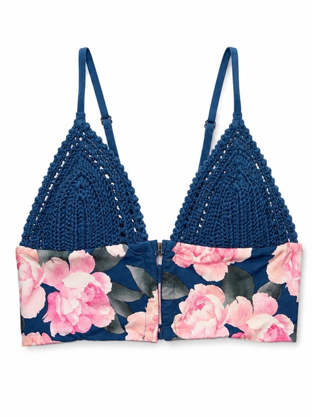 Frankie's Bikinis Navy Crochet & Pink Floral Bralette